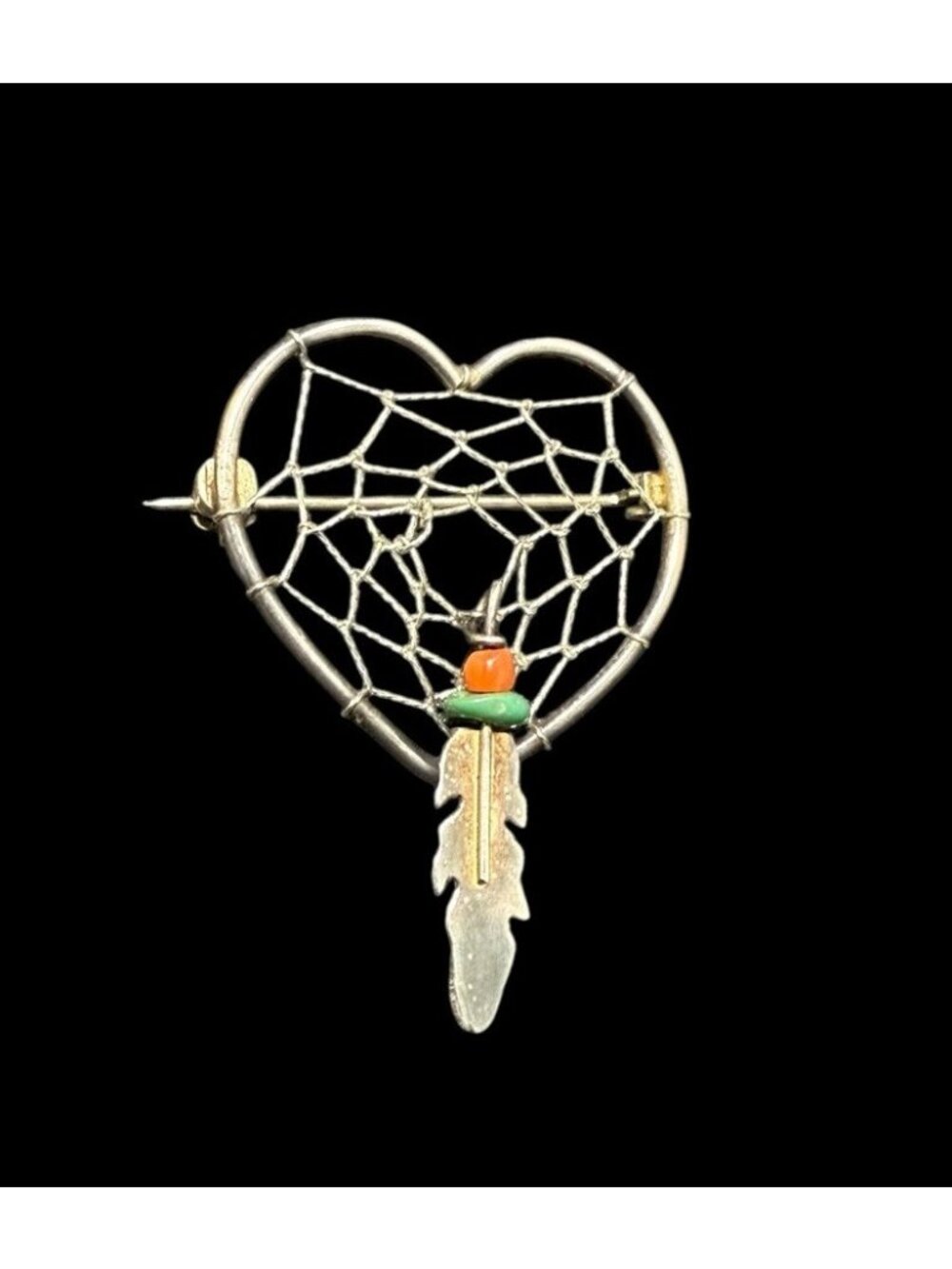 925 Sterling Silver Southwestern Heart Brooch Dangle Feather Gemstone Pin